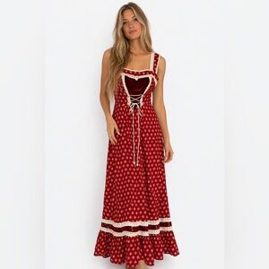 Vintage Kressandra Prairie Maxi Dress Red Lace Corset Boho Folk